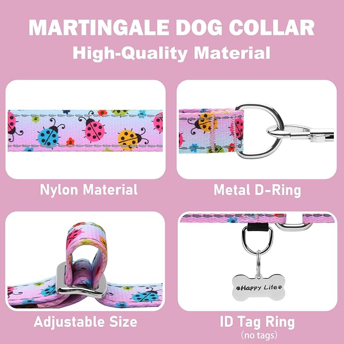 Reflective Martingale Collar for Dogs Nylon Training Collar with No Buckle, No Pull Adjustable Dog Collar for Large Dogs（Gradient Ladybug，L）