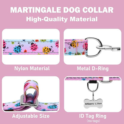 Reflective Martingale Collar for Dogs Nylon Training Collar with No Buckle, No Pull Adjustable Dog Collar for Small Dogs（Gradient Ladybug，S）
