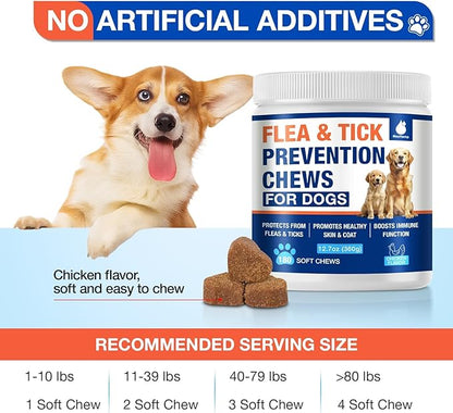 180 Cts, Flea and Tick Prevention for Dogs Chewables, Oral Flea Pills for Dogs Puppy, Natural Dog Flea and Tick Treatment, Skin & Coat Support Supplement, Soft Chews