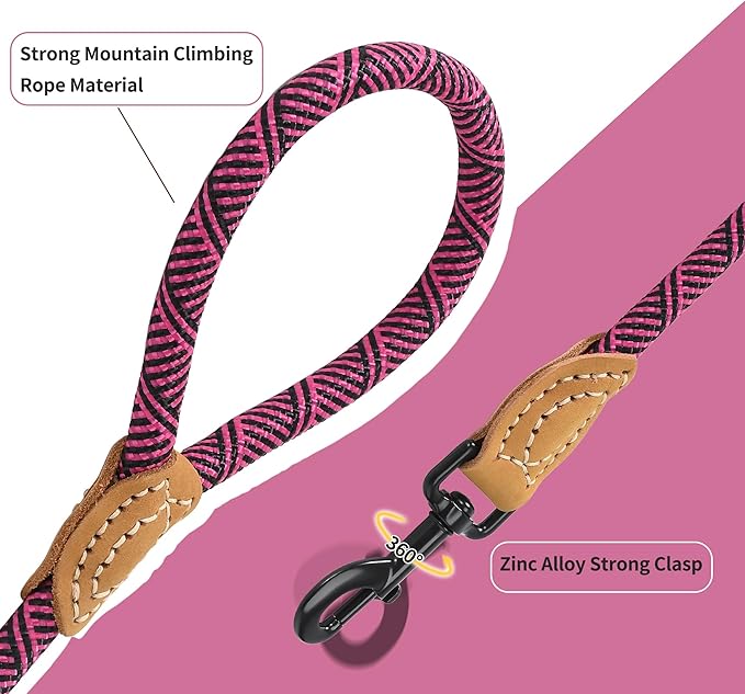 Mile High Life Rope Leash with Genuine Leather Connection, 6 FT/5 FT/4 FT, Heavy Duty Leash for Medium & Large Dogs (Hot Pink, 72 Inch)