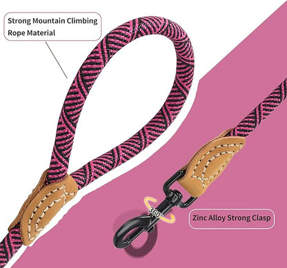 Mile High Life Rope Leash with Genuine Leather Connection, 6 FT/5 FT/4 FT, Heavy Duty Leash for Medium & Large Dogs (Hot Pink, 72 Inch)
