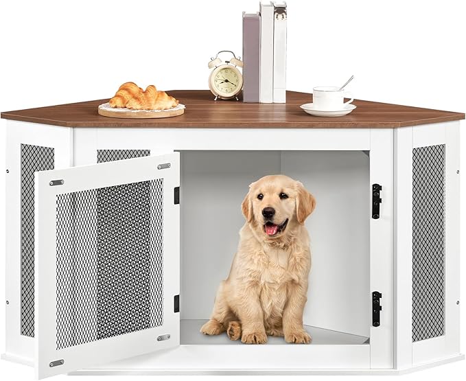 MAHANCRIS Corner Dog Crate Furniture, Wooden Dog Kennel End Table, Decorative Pet Crate Indoor Use, Furniture Style Dog House for Small Medium Dog, Dog Cage TV Stand, White and Walnut DCBA0801