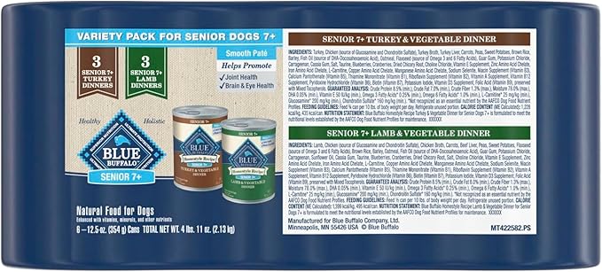 Blue Buffalo Homestyle Recipe Senior 7+ Turkey and Lamb Wet Dog Food for Senior 7+ Dogs, 12.5 oz. Cans, 6 Count Variety Pack