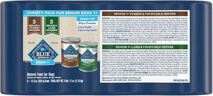 Blue Buffalo Homestyle Recipe Senior 7+ Turkey and Lamb Wet Dog Food for Senior 7+ Dogs, 12.5 oz. Cans, 6 Count Variety Pack