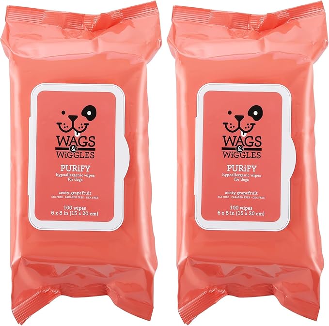 Wags & Wiggles Purify Hypoallergenic Dog Wipes for Sensitive Skin, Paw and Body Grooming Wipes with Gentle Plant Based Formula for Everyday Cleaning, Zesty Grapefruit Scent, 100 Count - 2 Pack
