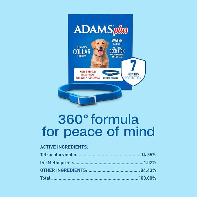 ADAMS Plus Flea & Tick Collar for Large Dogs, Flea Collar for 7-Month Prevention, Adjustable Collar Fits Large Dogs & Puppies, Kills Fleas & Ticks, 1 Count