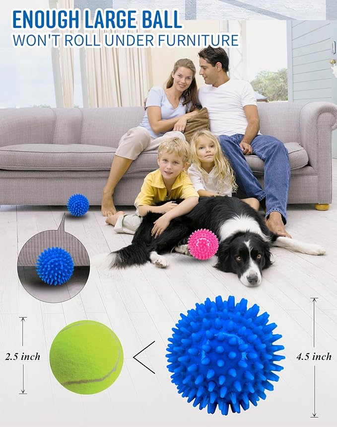 Pweituoet 4.5” Heavy Duty Squeaky Dog Balls for Medium Large Dogs, Dog Toys for Aggressive Chewers, Spike Ball Toys for Clean Teeth and Training(2 Pack) (4.5" red and Blue)