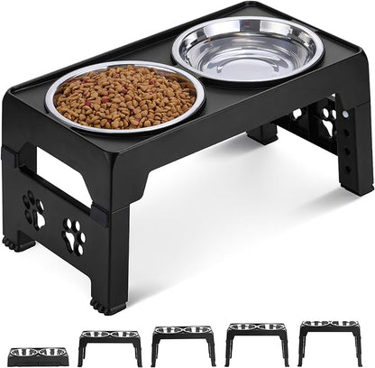 LALOBLUE Elevated Dog Bowls, Raised Bowl with 2 Stainless Steel Food Bowls, Dog Bowls Stand Adjusts to 5 Heights 2.95", 8.46", 9.65", 10.82", 12.01" for Small Medium Large Cats Pets,Black