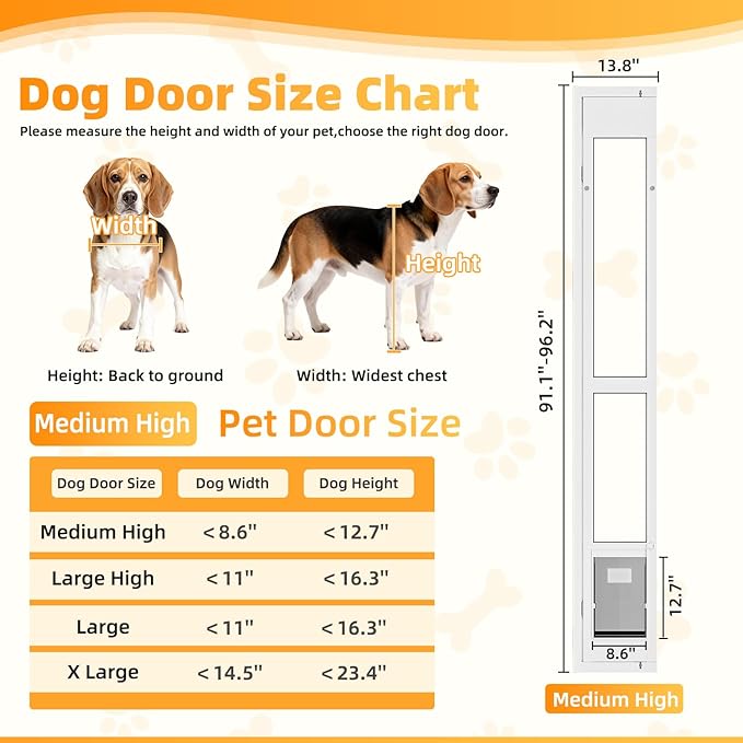 Dog Door for Sliding Glass Door with Magnetic Flat, Installed on Either Left or Right Side，Sliding Door Pet Doggie Door Insert with Lock, Adjustable Height No-Cut Required Doggy Door