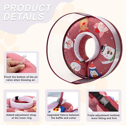 Soft Cone Collar With Guard Shield for Dogs - Inflatable Surgery Recovery Donut, Prevents Licking Wounds and Stitches, Does Not Block View (Xmas Elf, Medium+)
