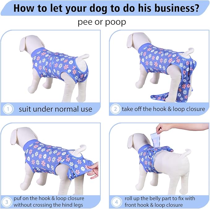 PetWarm Surgery Suit for Dogs Female, Bodysuit for Abdominal Affected Areas Sensitive Skin Areas, Dog Abdominal Affected Areas Bandages Substitute E-Collar and Cone, Flower Pattern, Blue, XL