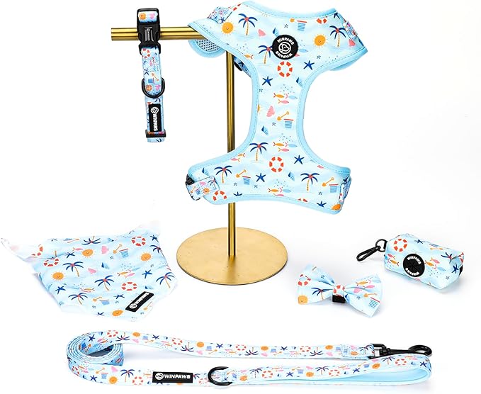 Dog Harness and Leash Collar Set with Dog Poop Bag Holder and Bandanas, Escape Proof Adjustable Puppy Cat Vest with Soft Mesh Padded, Pet Supplies for Small Medium Large Dogs Kitten(Blue Beach, XS)