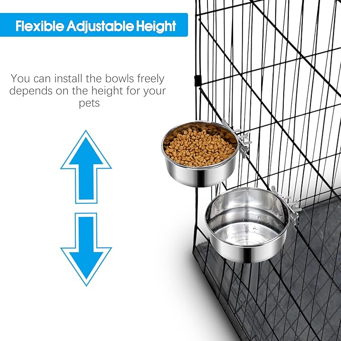 2 Pcs Medium Dog Food Water Bowl for Cage with Upgraded Clamp Holder, Pet Kennel Hanging Bowls Stainless Steel Non-Spill Detectable Bowls Crate Feeder for Medium Dogs (6.3x2.3'' & 5.5x2'')