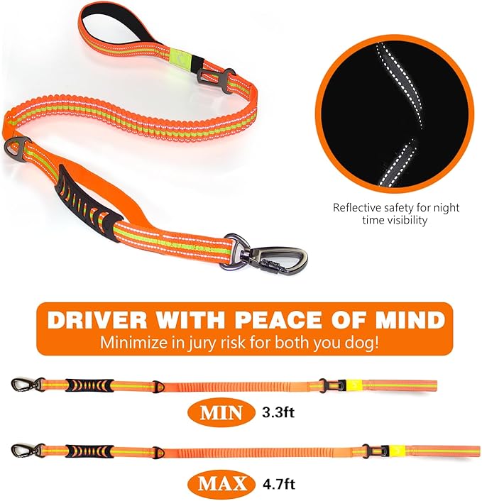 No-Pull Shock Absorbing Bungee Leash for Large Dogs, 4-6 FT Heavy Duty Dog Leash with Traffic Handle & Seat Belt Buckle, Reflective, Up to 150 Lbs