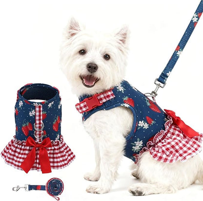 EXPAWLORER Dog Harness Small Medium Sized Dogs, Plaid Dog Dress Bowknot Harness and Leash Set, No Choke No Pull Soft Mesh Vest Cute Princess Puppy Outfits Clothes Costume for Girls Party Cats Navy XS
