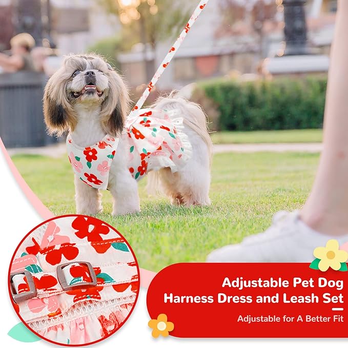 ABRRLO Dog Harness Dress Leash Set for Small Dog Summer Clothes Girl Female Puppy Cats Outfits Cute Floral Bowknot Princess Birthday Dress for Extra Small Pet Doggie Kitten Outfits Apparel(Red,S)