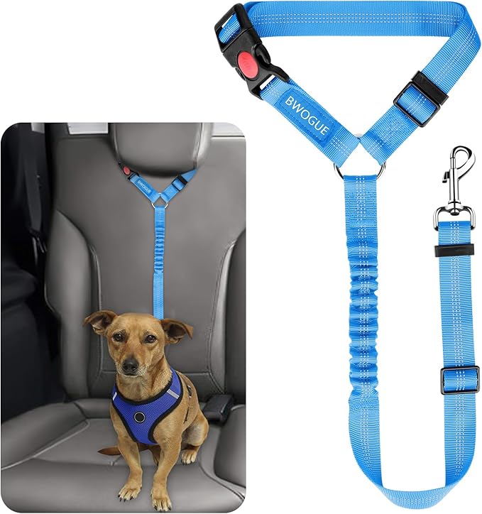 BWOGUE Pet Dog Cat Seat Belts, Car Headrest Restraint Adjustable Safety Leads Vehicle Seatbelt Harness (1 Pack, Blue, Elastic)