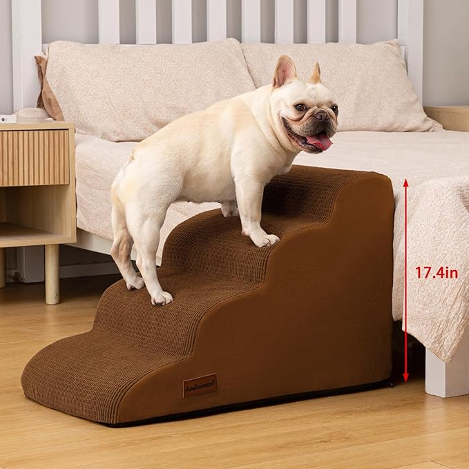 Aodisman 4-Step Dog Stairs and Ramp for Beds or Couches – Non-Slip Sturdy Pet Steps for Small Dogs and Cats,17.4" H,Brown