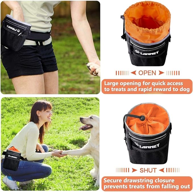 Dog Treat Pouch Pet Training Bag for Small to Large Dogs, Treat Tote Carry Kibble Snacks Toys for Training Reward Walking, Metal Clip, Waist belt, Shoulder Strap, Poop Bag Dispenser, Black with Orange
