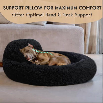 PetJett Large Dog Bed - 36'' Calming Donut Dog Beds, Anti-Slip & Washable Large Round Bed, Fluffy Faux Fur Pet Bed, Super Soft Anti-Anxiety Premium Comfort Bed, Fits Dogs up to 80 lbs - Black