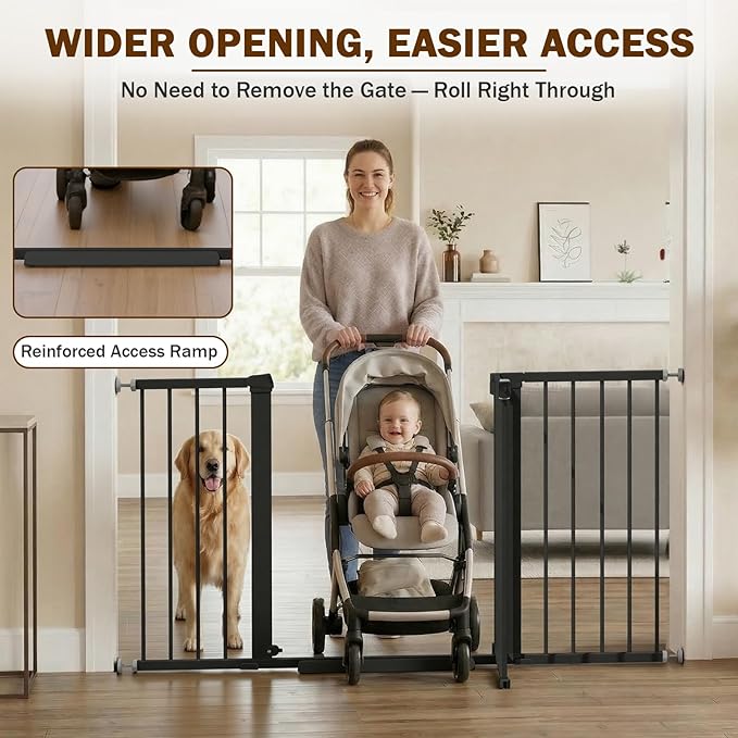 Mumeasy 29.7-57" Extra Wide Baby Gate, Auto Close Large Dog Gate for Doorways, No Drilling Pressure Mounted Pet Safety Gate for Stairs, Easy Walk Through Child Gate for Hallways, House, Indoor, Black