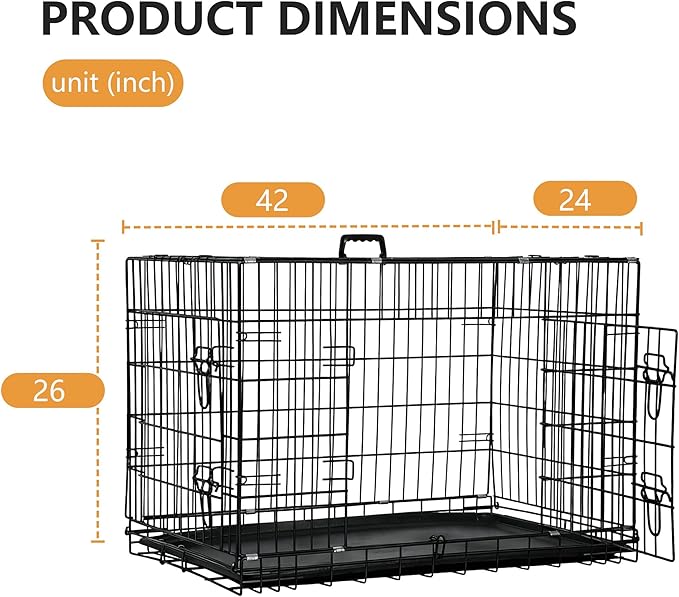 FDW Dog Crate 42-Inch Dog Cage Foldable Metal Kennel with Leakproof Tray Foldable Design Indoor Outdoor Use for Large Dogs,Dark Black