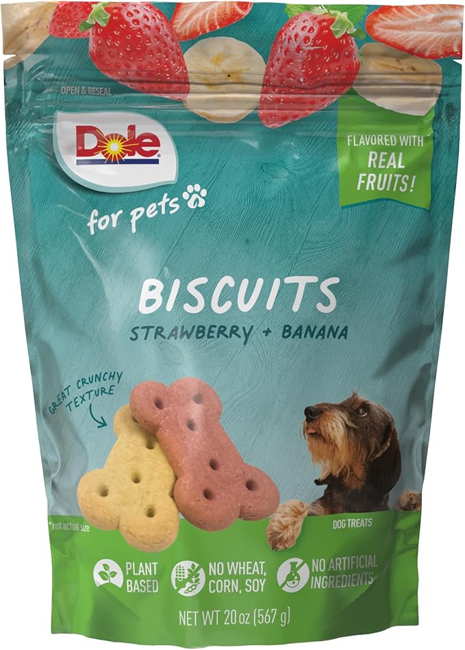 Dole for Pets Dog Biscuits, Banana & Strawberry Flavor Dog Treats, Flavored with Real Fruit, No Wheat, Corn, Soy, Artificial Flavors, Colors, Preservatives, or Animal Products, 20oz