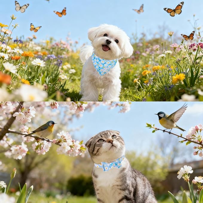 EXPAWLORER Small Collar and Leash Set - Embroidery Pawprints with Bow Tie and Bandana Collar with Bell, Soft Tangle Free Leash for Dogs Cats Outdoor Walking, Holiday Ideal Gift Blue Daisy S