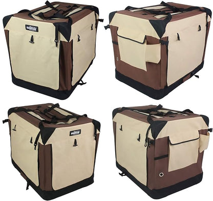EliteField 4-Door Folding Soft Dog Crate with Curtains, Carrying Bag and Fleece Bed (2 Year Warranty), Indoor & Outdoor Pet Home (20" L x 14" W x 14" H, Brown+Beige)