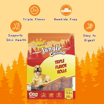 Jungle Calling Triple Flavor Rolls Dog Treats, Made with Real Chicken Duck Beef Meat, Rawhide Free Dogs Snacks,Healthy, Easily Digestible, and High Protein Treat, 10.6 oz
