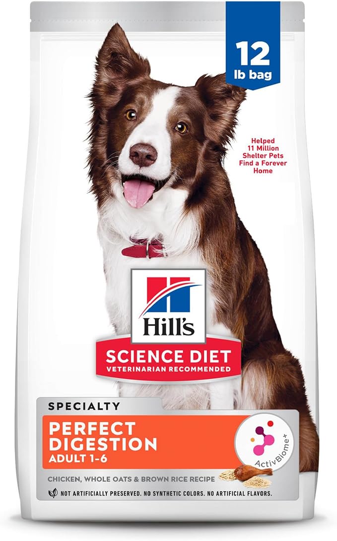 Hill's Science Diet Adult 1-6 Perfect Digestion Dry Dog Food, Chicken, Brown Rice, & Whole Oats, 12 lb. Bag
