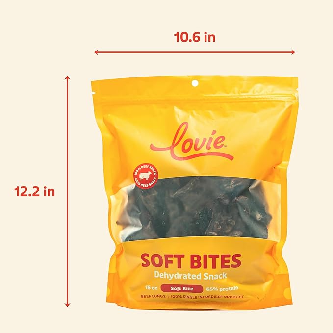 Lovie Beef Lung Dog Treats - Dehydrated Air Dried Soft Bites, Single Ingredient, Protein Rich, 16 oz