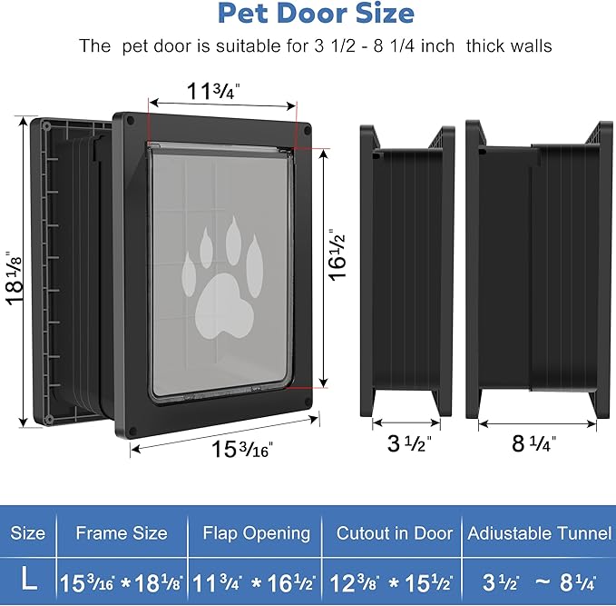 CEESC Large Dog Door for Wall, Weatherproof Pet Door for Cats and Dogs Up to 100 lb, Durable, Telescoping Tunnel, Snap-in Closing Panel Included (Large)