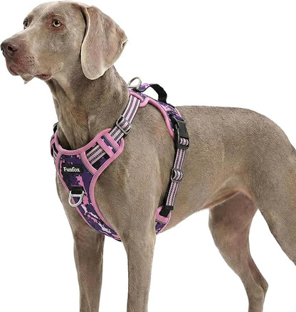 Funfox Dog Harness No Pull, Adjustable Pet Vest Harness, Super Soft Material with Vertical Handle Easy Control, Reflective Night Walking, 2 Leash Clips for XLarge Dogs, Mosaic Pink, XL