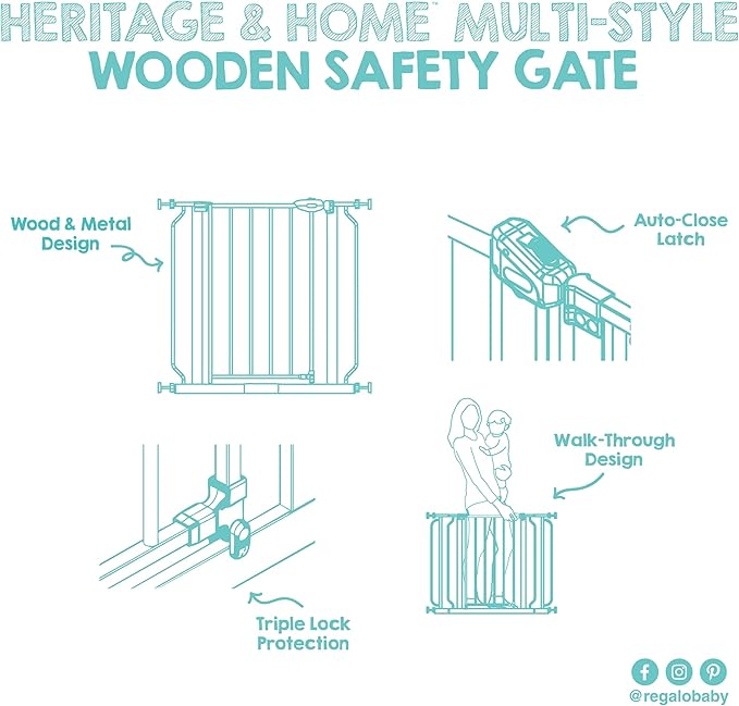 Regalo SAFETY 39" Extra Wide Wood Accent Baby Gate, Pressure Mount for Doorways & Bottom of Stairs, Babies, Toddlers & Pets, Ages 6–24 Months, TESTED & TRUSTED, AMERICAN DESIGNED, FAMILY OWNED