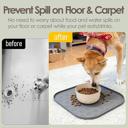 2 Pack Pet Feeding Mats, Waterproof Anti-Slip Placemats for Dog Cat Bowl Silicone Pet Food Mat, Raised Edge Prevent Spills on Floor & Carpet, Dishwasher Safe (2 Gray, 11" x 11")