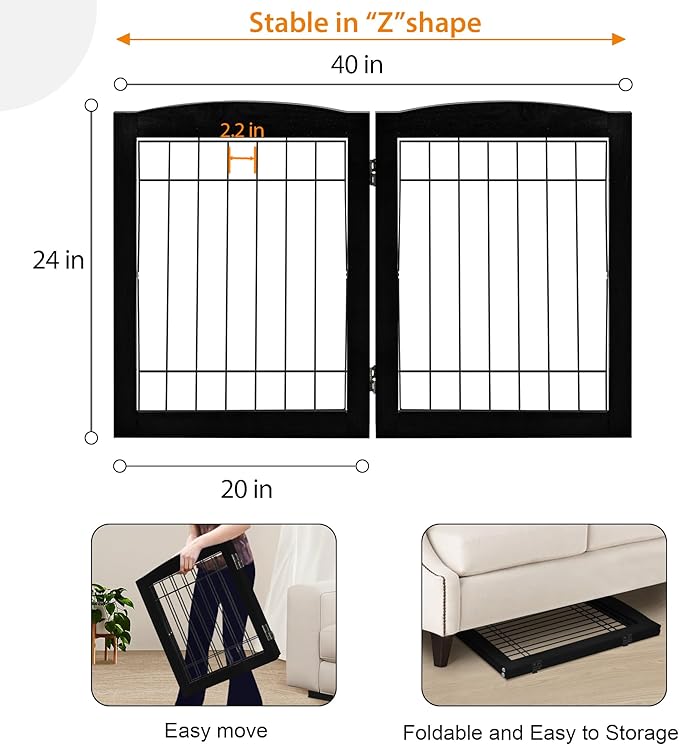 LZRS 2-Panel Freestanding Foldable Wood Dog Gate – Solid Wood & Steel Wire, Chew-Resistant Pet Barrier for Indoor Use, Ideal for Small to Medium Dogs, Black