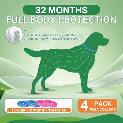 Puyrzoe Flea and Tick Prevention for Dogs Collar 4 Pack, Natural Flea Collar for Dogs 32-Month Full Protection, Adjustable Dog Tick Prevention for Puppy & Dog, Waterproof, 2 Pink & 2 Blue