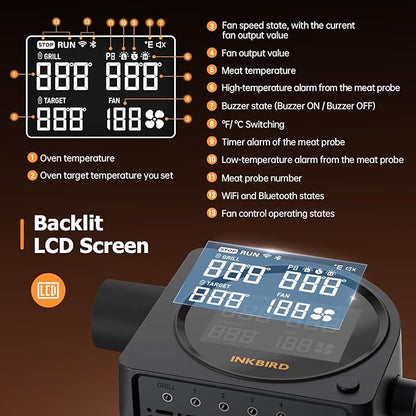 5G Wi-Fi & Bluetooth BBQ Temperature Controller, INKBIRD Automatic Smoker Fan with LCD Screen for Ceramic Grill | Mobile Notification Timer Alarm Calibration for BGE, Kamado, Akorn, Weber, 5 Probes