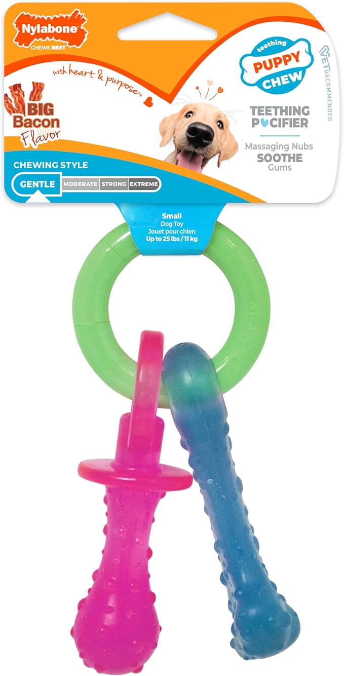 Nylabone Puppy Pacifier Chew Toy, Teething Toys for Puppies, Bacon Flavor, Small - Up to 25 lbs, 1 Count