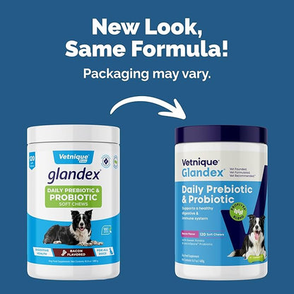 Vetnique Glandex Daily Probiotics for Dogs with Prebiotics to Support Gut Health, Diarrhea with Fiber and Digestive Enzymes, Dog Probiotic Chews or Powders (120ct Chews, Bacon Chews)