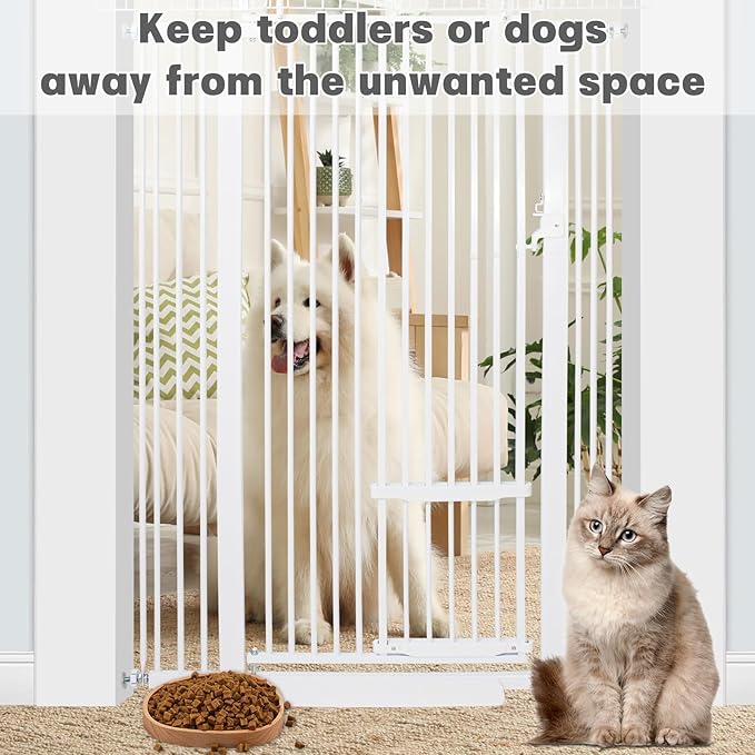 SHYUJAJIE 71 Inch Extra Tall Pet Gate with Small Cat Door, 29.55"-40.55" Adjustable Wide Dog Gate, Tall Cats Gates for Doorway, Stairs, House(White)