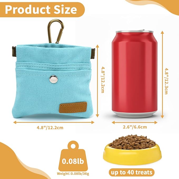 Dog Treat Pouch, Hand Free Dog Training Treat Bag with Carabiner & Magnetic Buckle, Auto Closing Pet Walking Bag for Puppy Travel or Outdoor Use, Pet Feed Snack Reward Pocket, Blue
