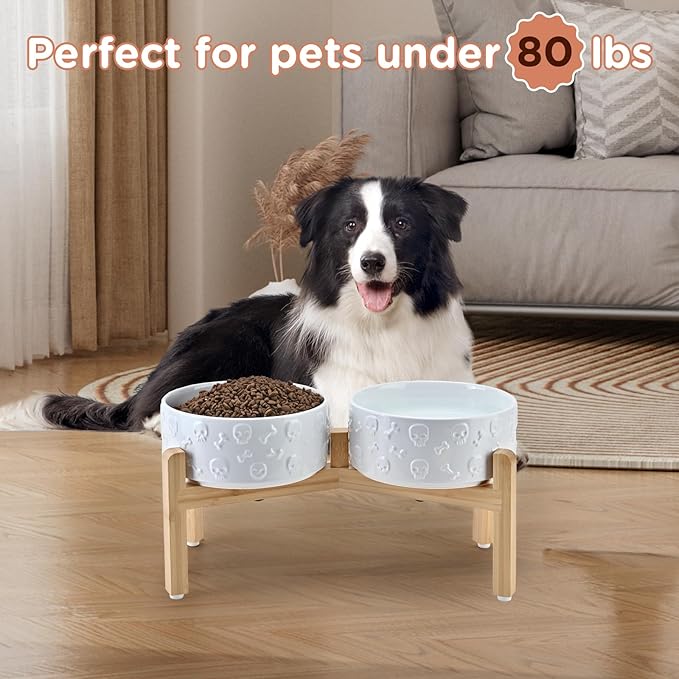 SPUNKYJUNKY Elevated Dog Bowls Ceramic, 7.3'' Dogs Food Water Bowls Raised with Non-Slip Bamboo Stand for Medium to Large Sized Breed Microwave Dishwasher Safe - 42 OZ,Skull White