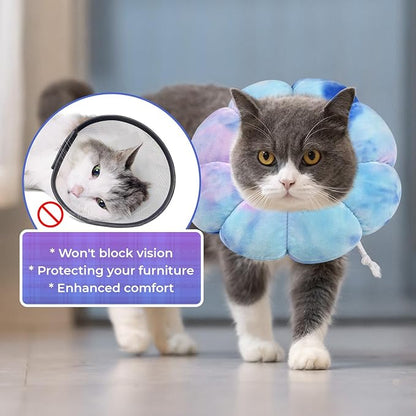 Flower Cat Cone, Uadonile Adjustable Dog Cone Collar, Soft Dog Elizabethan Collar Recovery E Collar After Surgery, Recovery E-Collar for Kittens/Puppies and Cats Recovery(Tie-dye Purple Blue, L)