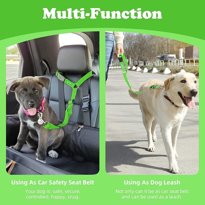 BWOGUE Pet Dog Cat Seat Belts, Car Headrest Restraint Adjustable Safety Leads Vehicle Seatbelt Harness (1 Pack, Green, Not Elastic)
