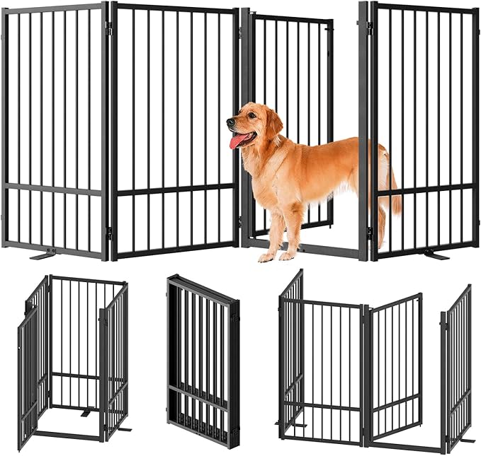 SNUOWU Full Metal Freestanding Dog Gate with Door, 36''Height Foldable Pet Dog Fence for Indoor & Outdoor, 4 Panels Extra Wide Free Standing TallDog Gates for Doorways,House,Stairs,Porch,Deck,Yard