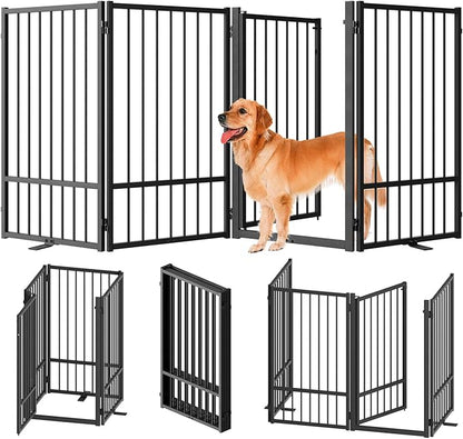 SNUOWU Full Metal Freestanding Dog Gate with Door, 36''Height Foldable Pet Dog Fence for Indoor & Outdoor, 4 Panels Extra Wide Free Standing TallDog Gates for Doorways,House,Stairs,Porch,Deck,Yard