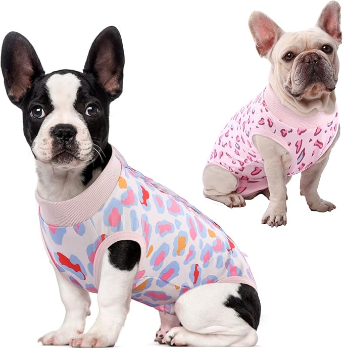 SAWMONG 2 Pack Dog Surgery Recovery Suit, Leopard Recovery Suit for Dogs After Surgery, Soft Polyester Spay Surgical Suit Female Male, Dog Onesie Body Suit Substitute Cone Alternative,L