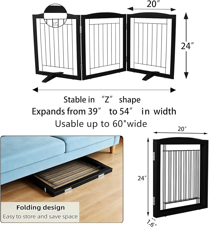 ZJSF Freestanding Dog Fence Indoor, Foldable Dog Gate for Doorways, Stairs or Hallways, Sturdy Wood Extra Wide Pet Gate with Support Feet for The House, Black, 24 "Height-3 Panels